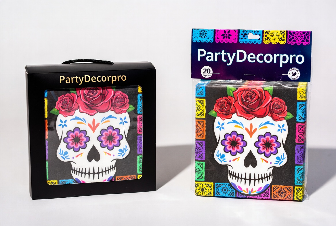 Two different retail packaging options for colorful sugar skull napkins shown side by side, including premium gift box and clear sleeve with header card, demonstrating custom packaging solutions.