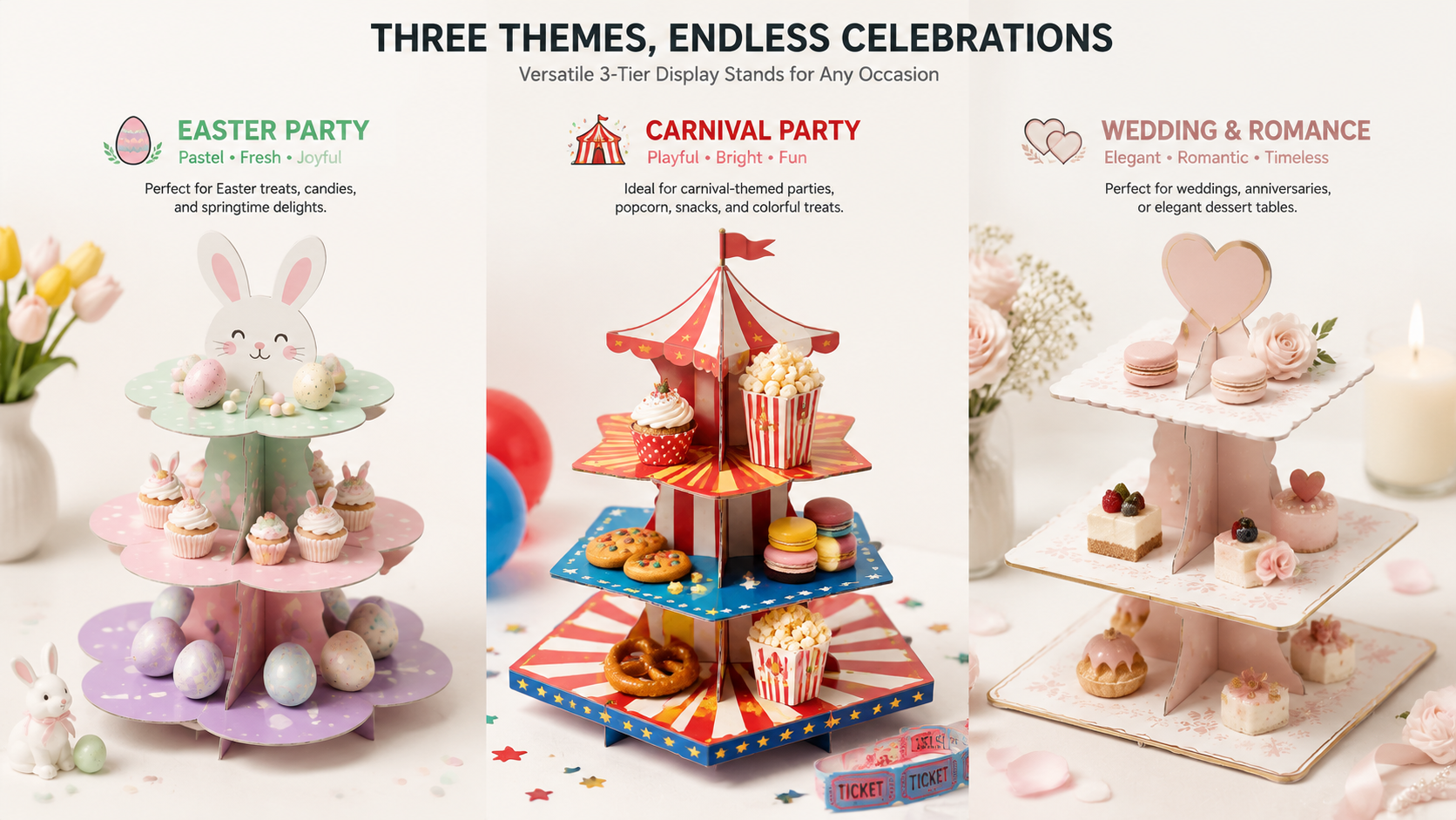 Multi-tiered display stands for Easter, Carnival, and Wedding themes with colorful desserts and decorations