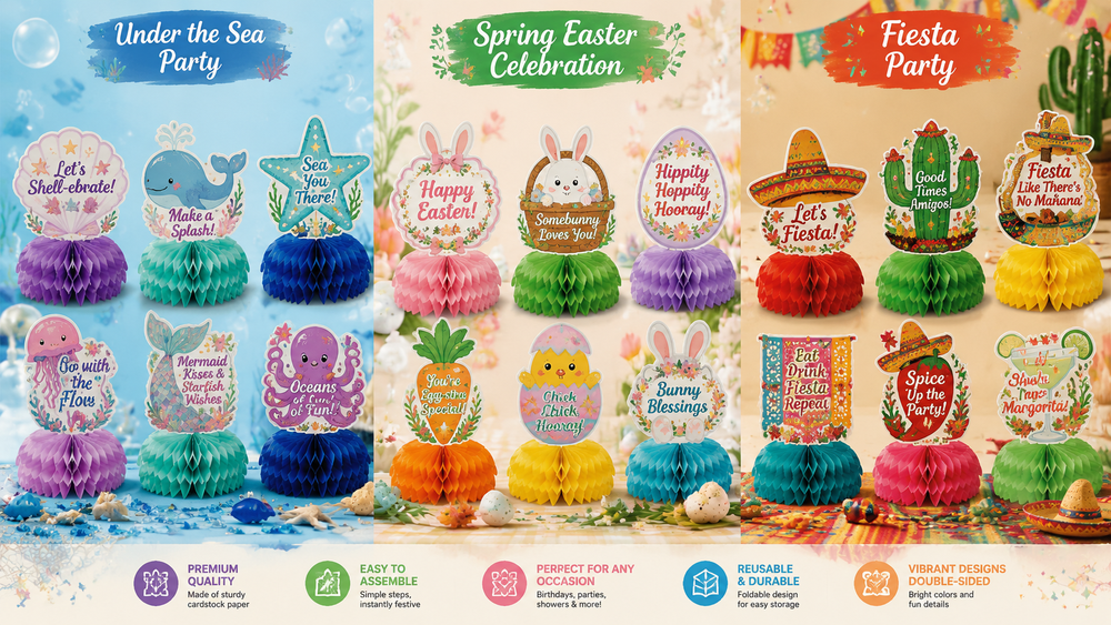 Multitheme honeycomb party decorations including Under the Sea, Spring Easter, and Fiesta setups, colorful and reusable.