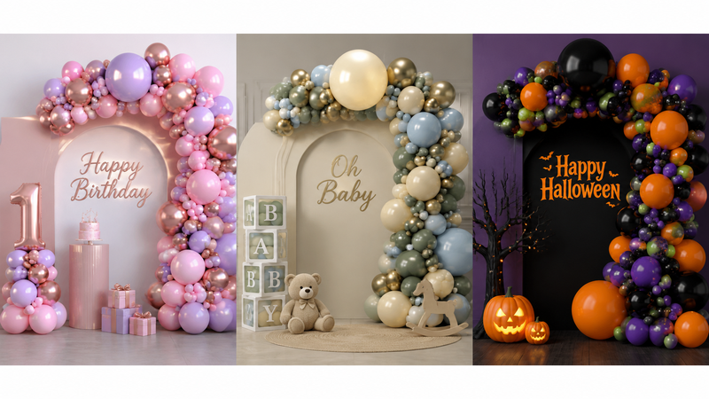 Custom balloon arch decoration designs for birthday, baby shower and Halloween party events