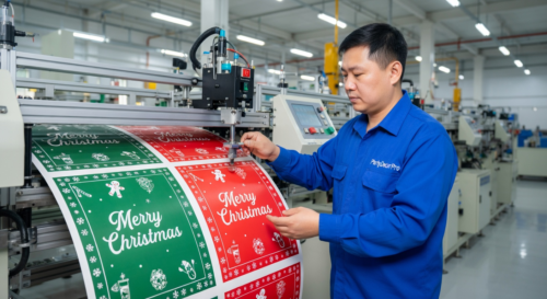 This is our high-speed paper plate forming process where skilled operators produce rigid green and red printed plates with exact precision and consistency ensuring dependable quality for wholesale Christmas tableware volumes.
