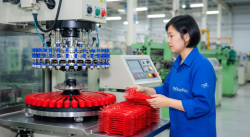 This is our injection molding operation where technicians monitor equipment to create durable red plastic cutlery maintaining uniform strength and dimensional accuracy for reliable wholesale supply chains.