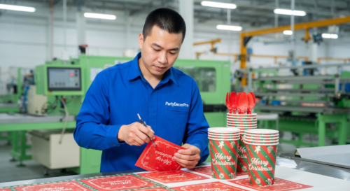 This is our precise trimming and die-cutting station where experts refine edges of red paper napkins and striped cups delivering clean finishes and consistent quality for bulk holiday orders.