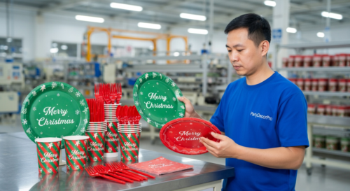 This is our detailed final inspection stage where specialists conduct visual quality checks on completed plates and cutlery verifying print accuracy and structural integrity for trustworthy wholesale reliability.