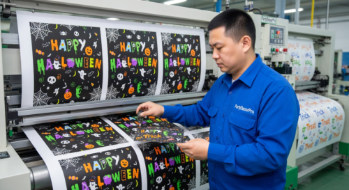 This is our precision printing process where technicians apply vibrant multicolored Halloween patterns to paper components with exact registration. Rigorous quality control ensures design consistency and color accuracy for reliable wholesale batches of party tableware.