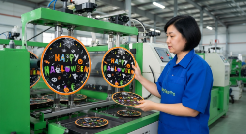 This is our forming press operation where monitored machinery precisely shapes large and small paper plates to exact dimensions. Consistent oversight maintains structural integrity and uniformity across every wholesale production run for dependable performance.