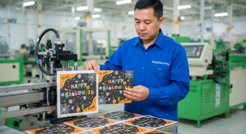 This is our die cutting station executing precise cuts on square paper napkins during Halloween tableware manufacturing. Advanced quality controls guarantee size accuracy and edge consistency for reliable bulk supply to wholesale partners.