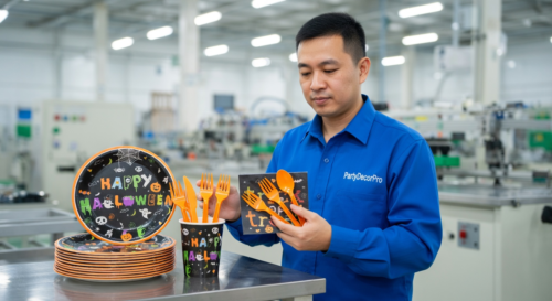 This is our final quality inspection where assembled Halloween tableware sets including cups and cutlery undergo thorough verification. Precision checks ensure overall consistency and reliability for wholesale clients demanding premium seasonal products.