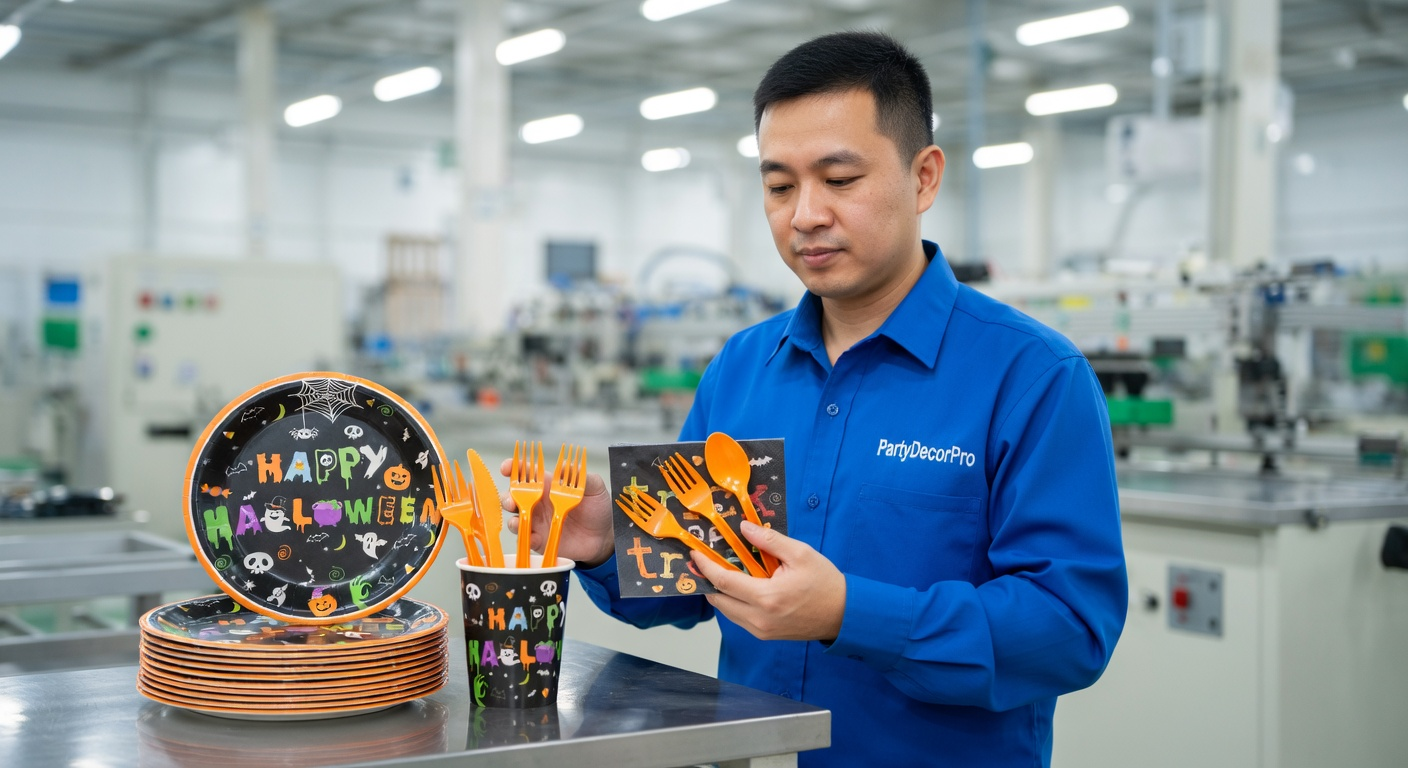 This is our final quality inspection where assembled Halloween tableware sets including cups and cutlery undergo thorough verification. Precision checks ensure overall consistency and reliability for wholesale clients demanding premium seasonal products.