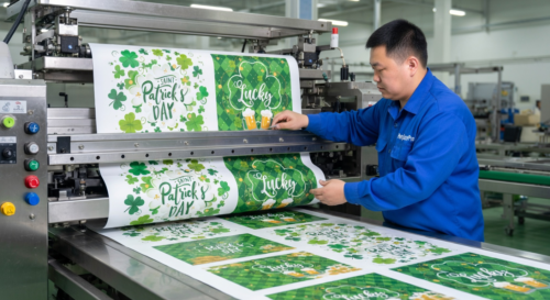 This is our precision printing process where technicians carefully apply consistent shamrock patterns to paper sheets for St. Patrick's Day tableware ensuring vibrant accurate colors and reliable quality for wholesale bulk orders.
