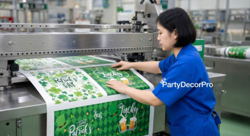 This is our exacting die cutting stage where we shape shamrock-themed paper plates and tablecloths with uniform precision delivering clean edges and dimensional consistency for dependable wholesale party sets.