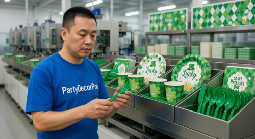 This is our monitored injection molding operation forming smooth durable plastic cutlery for shamrock-themed tableware guaranteeing structural integrity and production consistency for reliable wholesale supply chains.