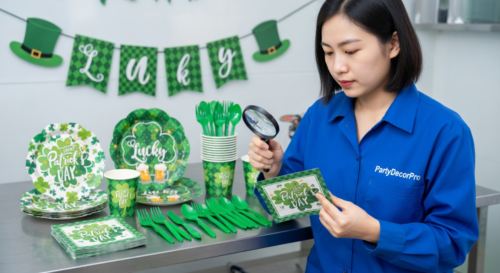 This is our detailed quality inspection where specialists verify print registration and edge quality on finished shamrock cups and napkins ensuring flawless standards and wholesale reliability in every coordinated set.