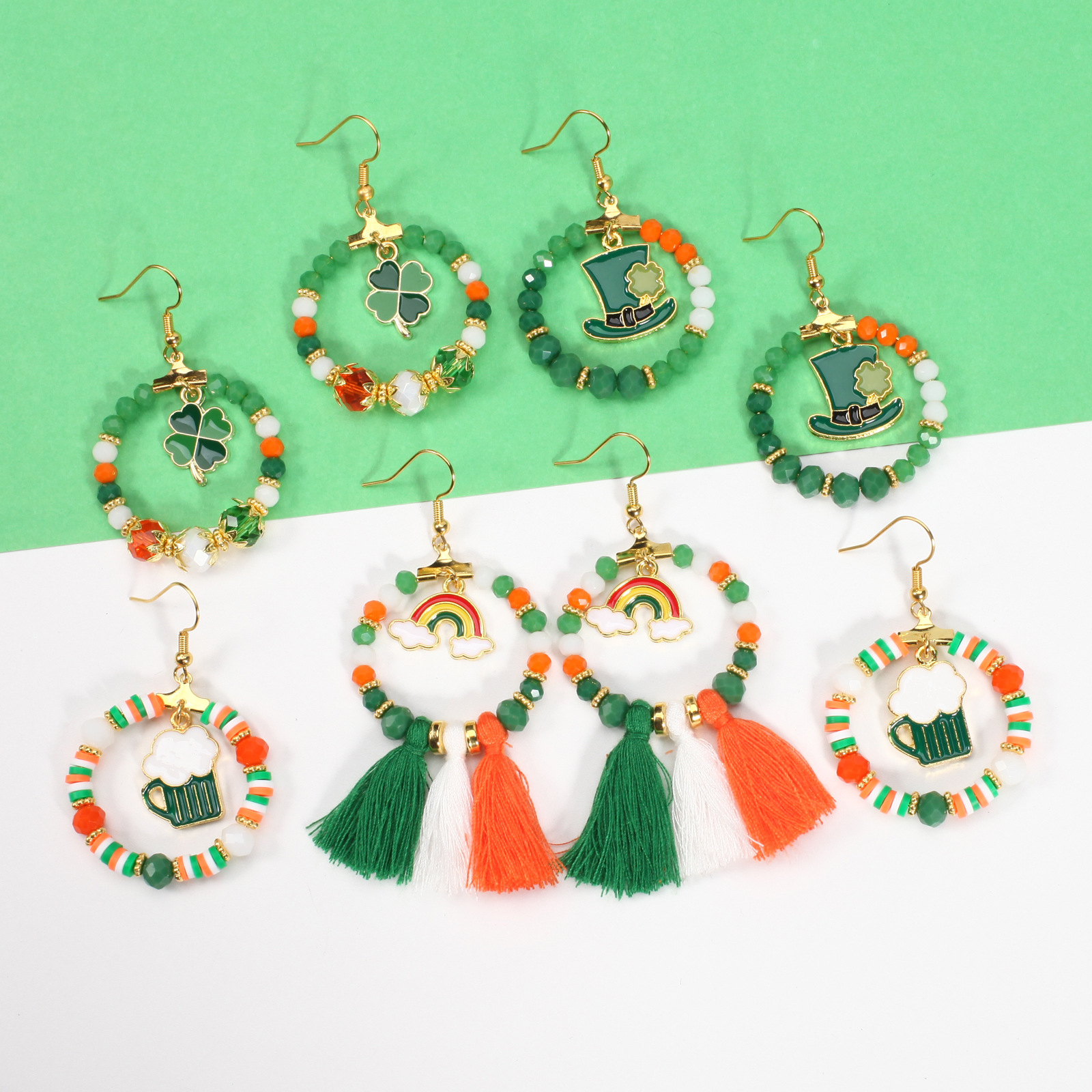 Custom Earrings Manufacturer - St. Patrick's Day Beaded Hoop Earrings with Shamrock Charms