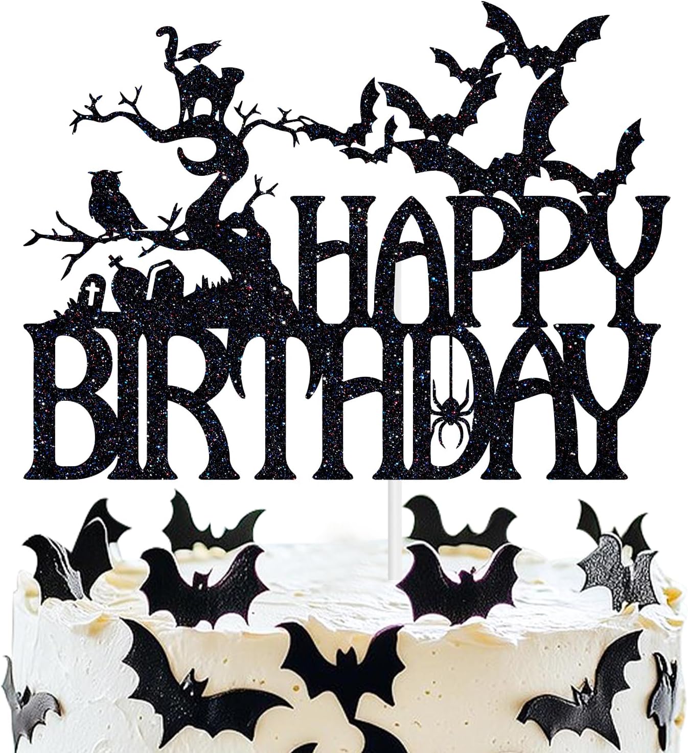 Custom Cake Topper – Halloween Happy Birthday Black Glitter Haunted Design