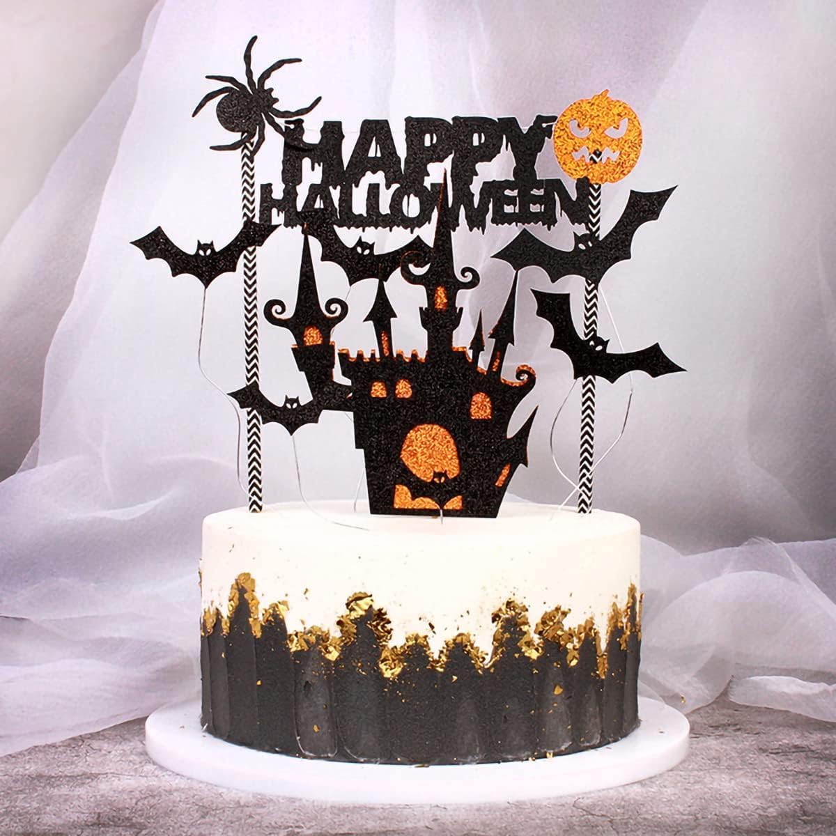 Custom Cake Topper Supplier - Glitter Happy Halloween Cake Topper with Castle & Bats