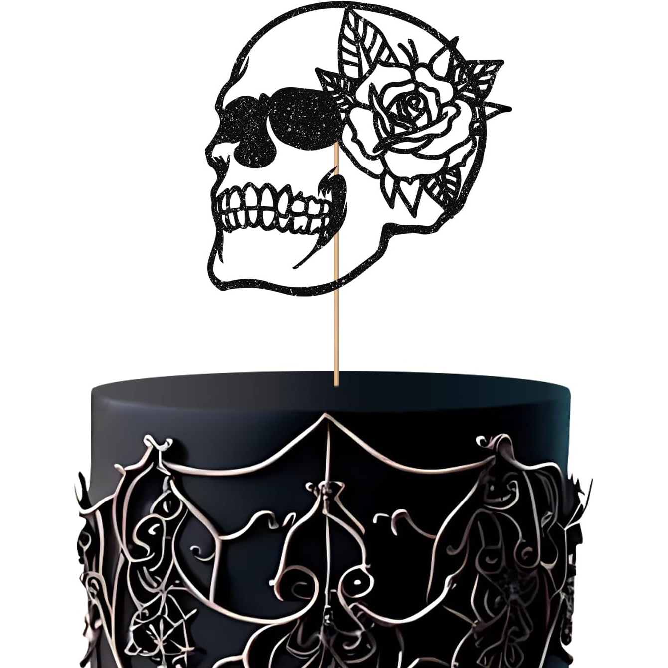 Wholesale Cake Topper - Gothic Skull with Glitter Rose Cake Decoration