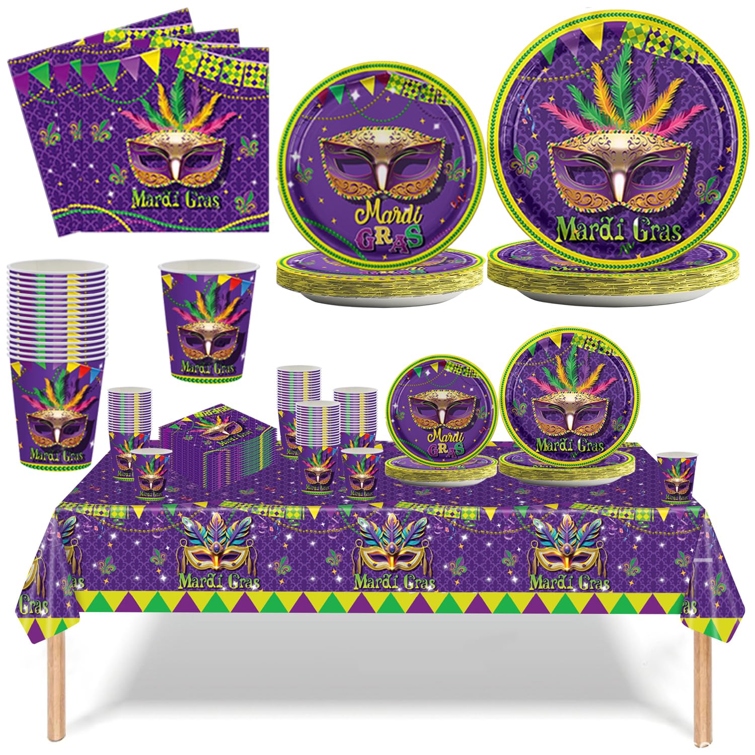 This Mardi Gras party set includes elegant paper plates, cups, napkins, and a disposable tablecloth, featuring a rich purple theme with elaborate feathered masks and banners for a festive atmosphere. We can customize to your needs, changing mask designs, adding logos, or adjusting colors for a unique celebration.