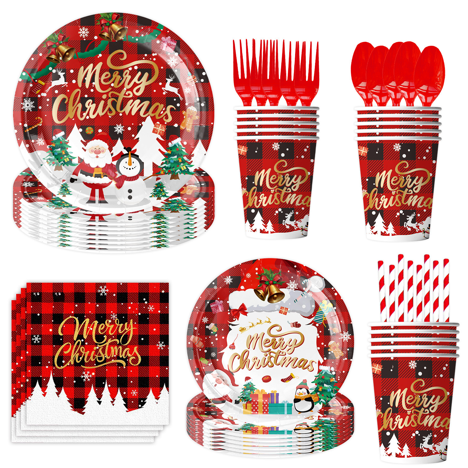 Disposable Tableware Manufacturer - Merry Christmas Buffalo Plaid Party Set