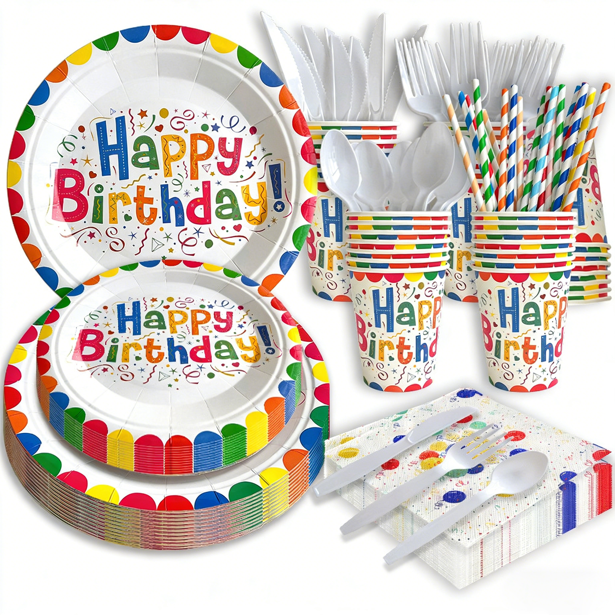 This vibrant birthday party set includes colorful plates, cups, napkins, and cutlery with a festive polka-dot design. We can customize the brand logo, text, or specific theme patterns according to your needs.
