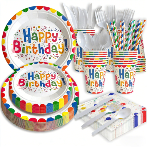 This is our matching Happy Birthday paper cups. They feature the same bright "Happy Birthday" design with colorful stripes and patterns, and come in a convenient stack. Great for both hot and cold drinks. Of course we can customize these cups with different colors, patterns, or your personal design.