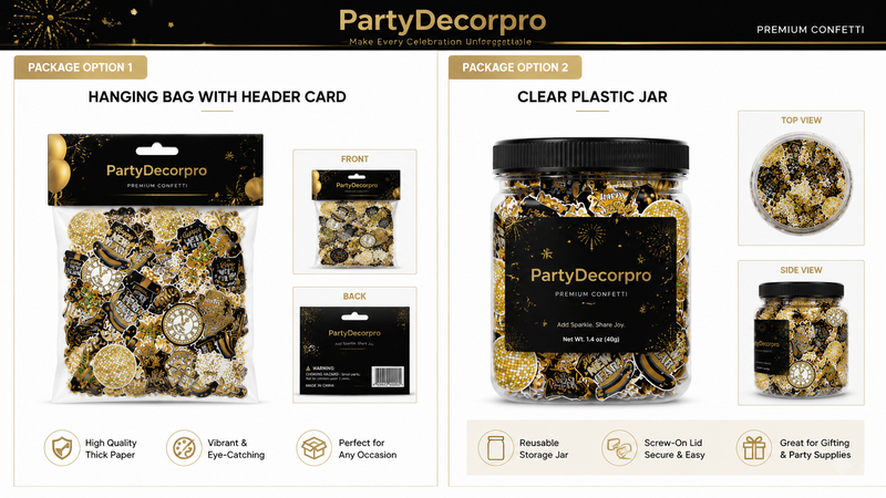 Two custom packaging concepts for New Year themed confetti featuring a hanging bag with header card and a clear storage jar for retail and gifting presentation