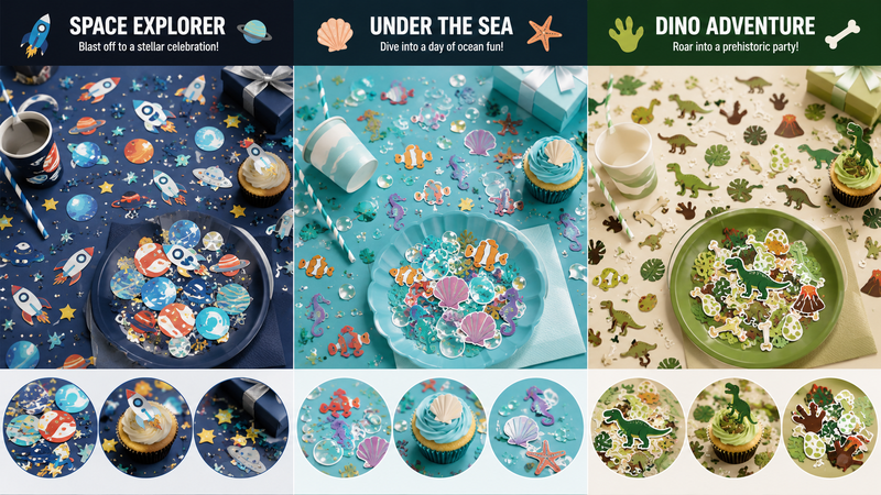 Wide collage of themed party confetti designs featuring space explorer, under the sea, and dinosaur adventure styles with colorful decorative elements for party events