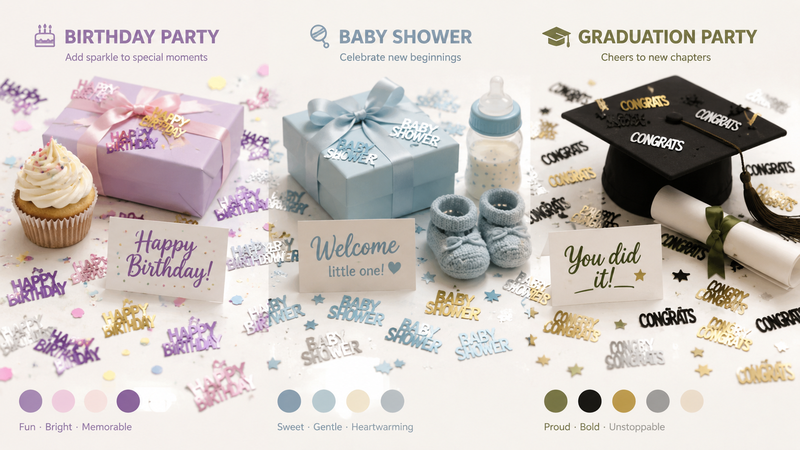 16:9 themed confetti showcase featuring birthday party, baby shower and graduation celebration decorative paper confetti with customized design concepts