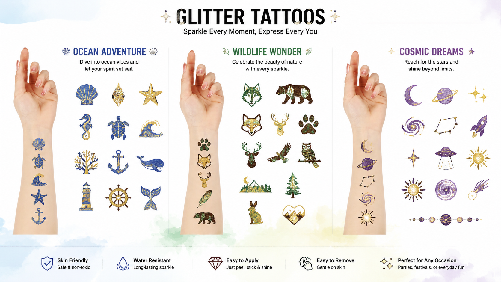 Glitter tattoos collection with holiday, nature, and cosmic themes applied on arms, skin-safe and water-resistant.