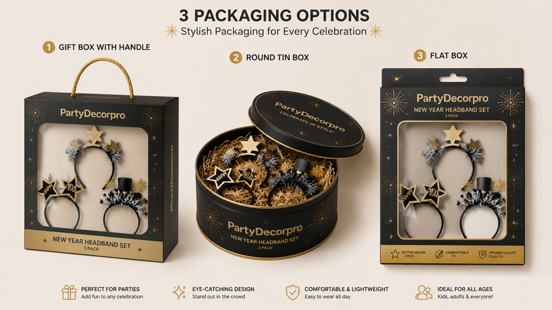 Three packaging options for New Year headbands: gift box with handle, round tin, and flat box on a light background.