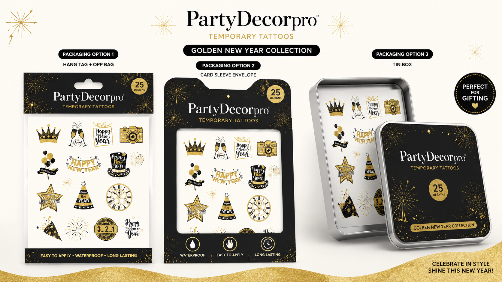 New Year temporary tattoo packaging with gold and black designs, customizable options for brand display.