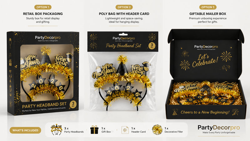 Three packaging options for party headbands: retail box, poly bag with header card, and giftable mailer.