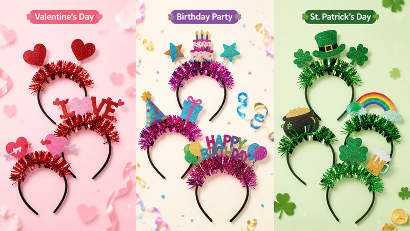 Assorted festive headbands for Valentine’s Day, Birthday Party, and St. Patrick’s Day celebrations.