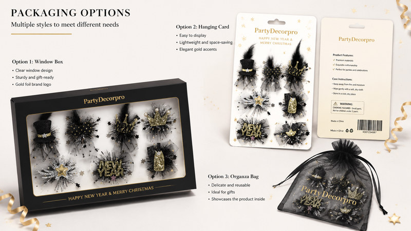 Festive hair accessory packaging options including window box, hanging card, and organza bag with gold accents and holiday designs.