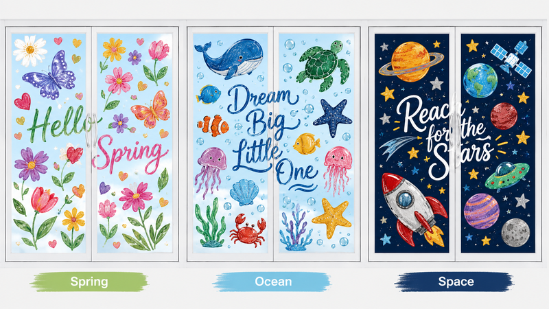 Three themed window decals: Spring, Ocean, Space, colorful and vibrant for retail or events