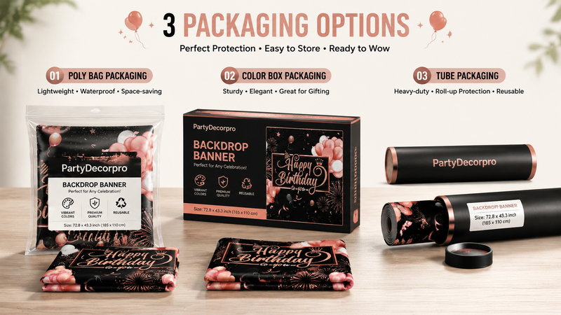 Custom backdrop banner packaging solutions featuring resealable poly bag, printed color box, and premium tube packaging for retail and wholesale distribution