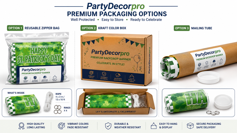 Custom backdrop banner packaging solutions featuring zipper bag, kraft color box, and mailing tube options for retail, wholesale, and branded event decoration products