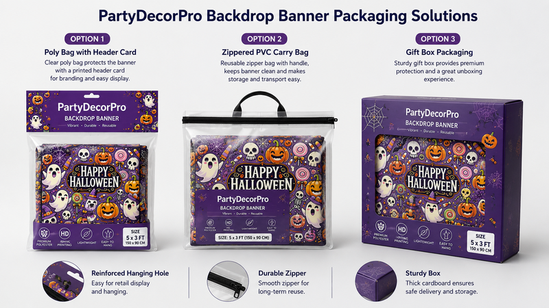 Custom backdrop banner packaging solutions featuring poly bag, zipper carry bag and premium gift box options for retail and wholesale applications