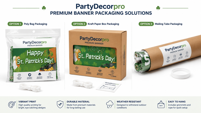 Custom St. Patrick's Day banner packaging options featuring zipper bag, kraft paper box, and mailing tube solutions for branded retail and wholesale presentation.