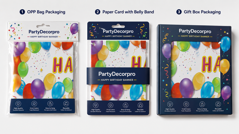 Custom birthday banner packaging options featuring OPP bag, paper card with belly band, and retail box designs for branding, display, and wholesale packaging solutions.