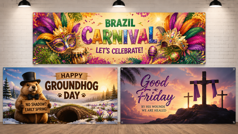 Custom polyester backdrop banners featuring Brazil Carnival, Groundhog Day and Good Friday themes with immersive holiday atmosphere and vibrant event decoration designs