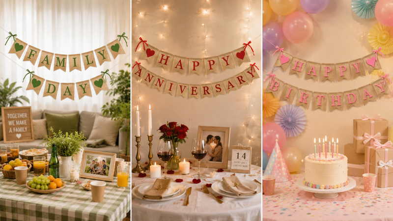 Custom burlap banner decoration themes featuring Family Day, Anniversary, and Birthday party displays with themed backdrops, festive table settings, and personalized letter pennants.