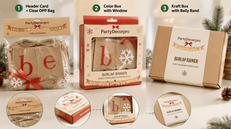Custom burlap banner packaging options featuring header card bag, window display box, and kraft gift box designed for retail presentation, branding, and wholesale distribution.