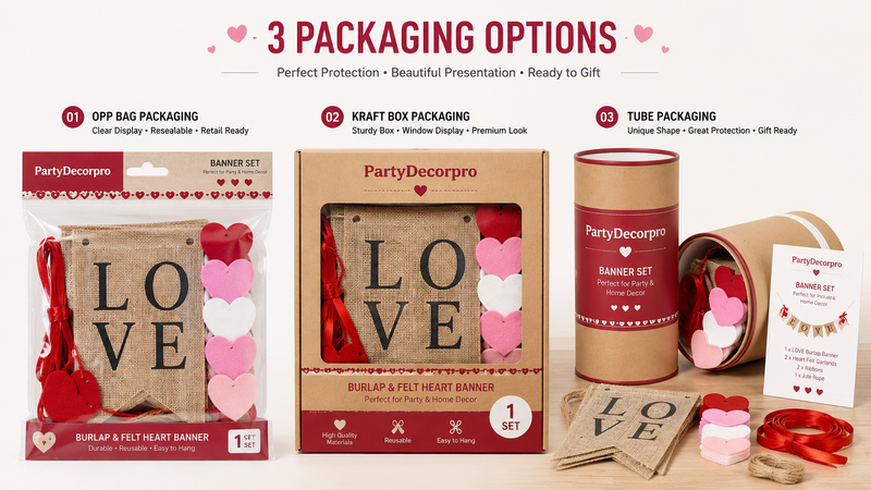 Custom packaging solutions for burlap and felt heart banner sets featuring poly bag, kraft window box, and premium tube packaging designs