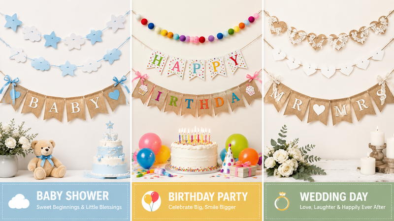 Custom party banner garland collection featuring baby shower, birthday party, and wedding theme decorations with burlap and felt designs