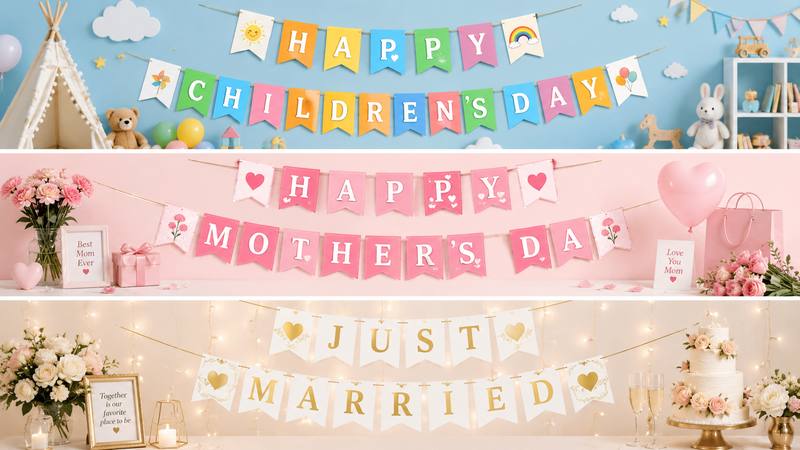 Children's Day Mother's Day and Wedding themed pennant banner decoration concepts with festive background scenes and customizable party decoration designs