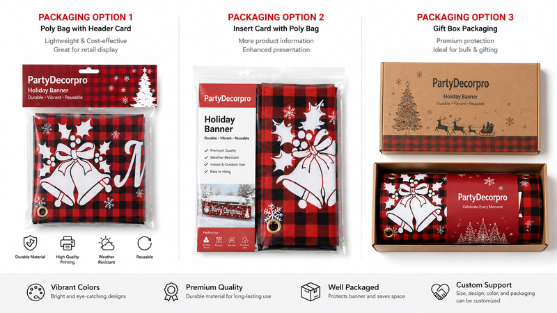 Custom Christmas Banner Packaging Options Featuring Header Card Poly Bag Insert Card Packaging and Premium Gift Box Solutions