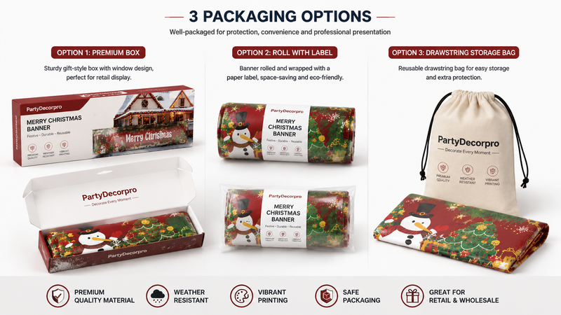 Christmas banner packaging options including premium gift box, rolled label package, and drawstring storage bag with custom branding solutions for retail and wholesale markets