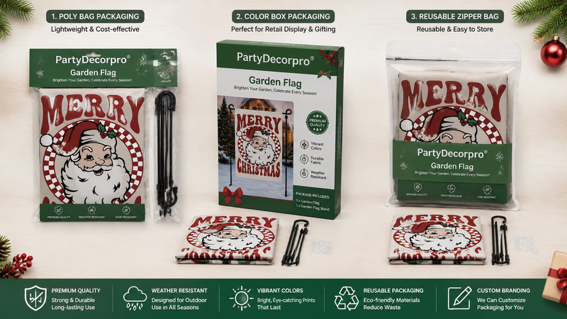 Christmas Garden Flag Packaging Options Featuring Color Box, Header Card Poly Bag and Reusable Zipper Bag for Custom Branding