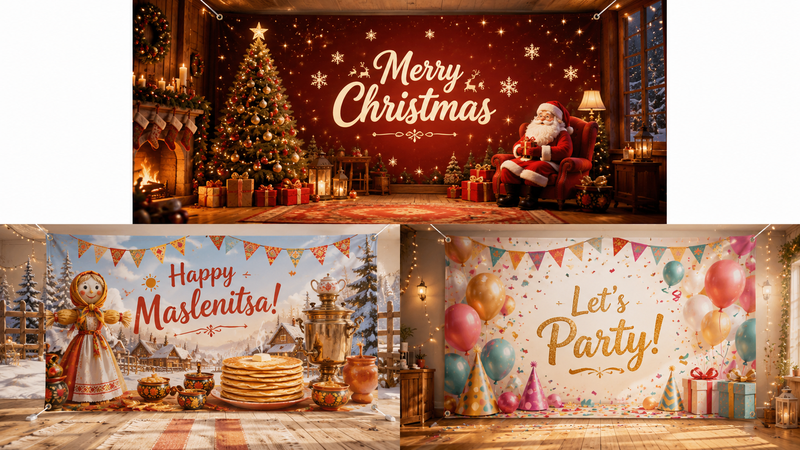 Custom polyester backdrop banners featuring Christmas, Maslenitsa festival, and party celebration themes with immersive decorative backgrounds